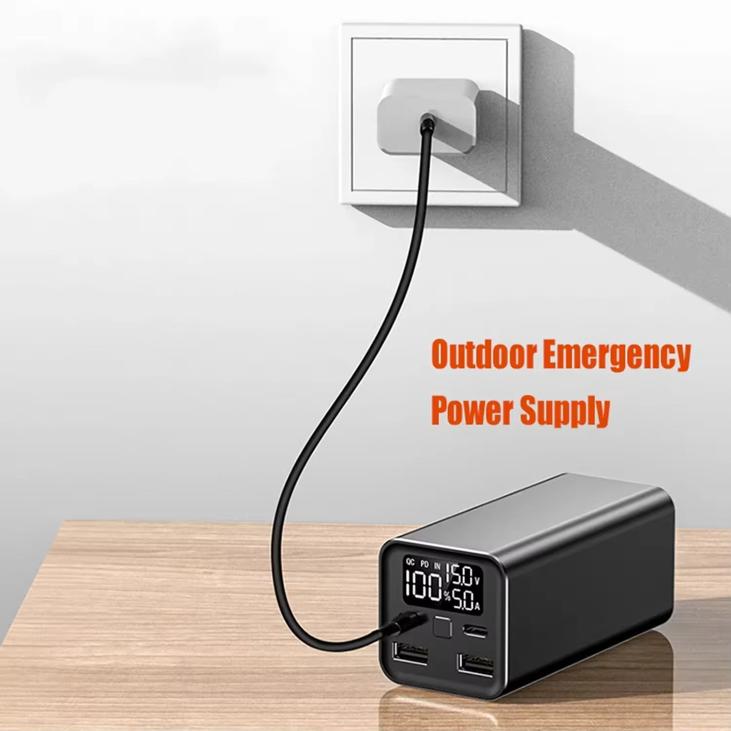 65W Fast Charging 20000mAh Portable Power Bank – Black, LED Display, Waterproof, Built-in Cable