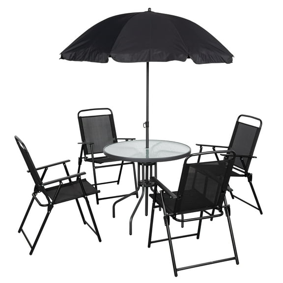 Sobaniilo 6 Piece Folding Outdoor Dining Set with Tilt Umbrella, Metal Patio Garden Patio Furniture Table and Folding Chair Set, Black