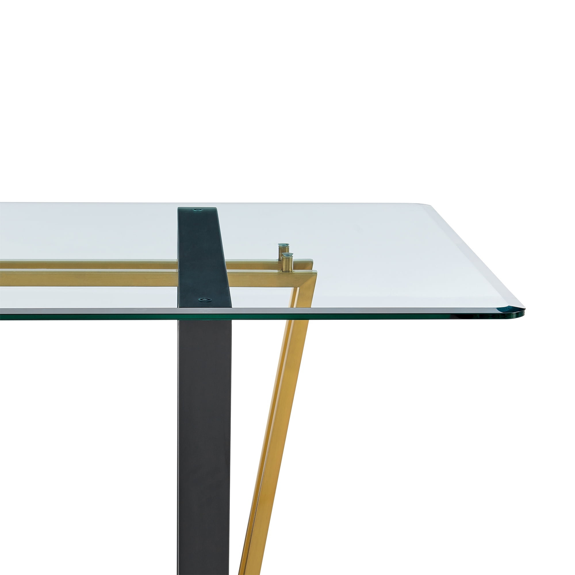 Kai 72" Rectangular Dining Table in Gold Stainless Steel and Black Iron Base with Glass Tabletop