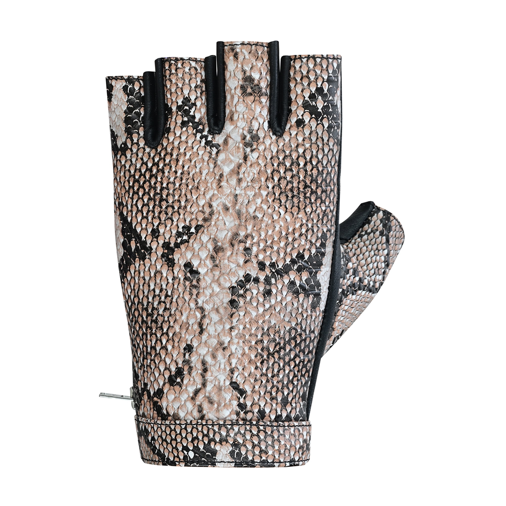 Men's Python Snake Embossed Leather Driving Gloves Half Finger Car Driving Motorcycle Bikers Riding Gloves Beige-L