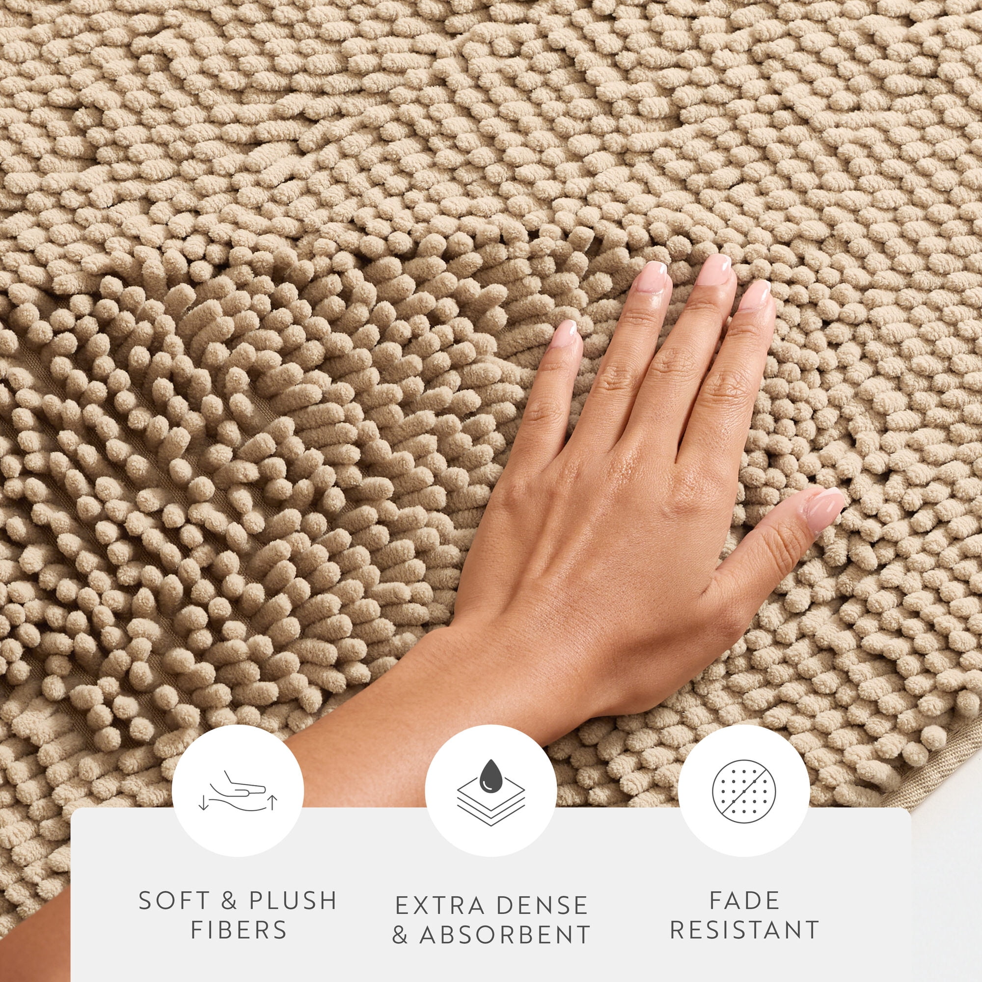Soft Absorbent Chenille Bath Mat Rug with Anti-Skid Rubber Backing, 34 x 21, Tan, by Noble Linens
