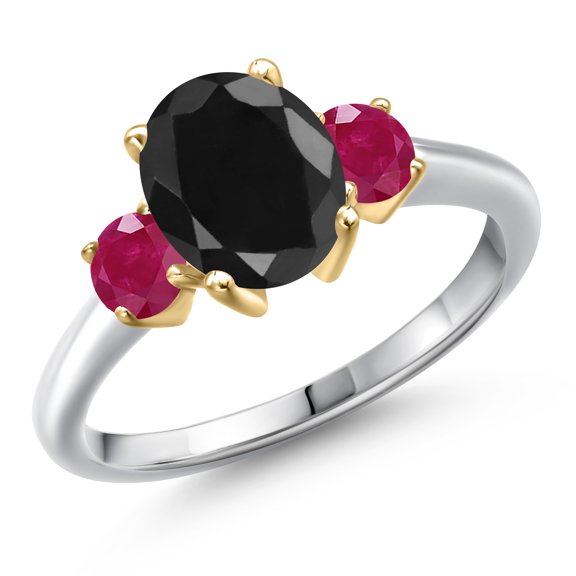 Gem Stone King 10K Two Tone Gold Black Sapphire and Red Ruby Engagement Ring for Women | 3.20 Cttw | Oval 9X7MM | Gemstone September Birthstone | Size 5