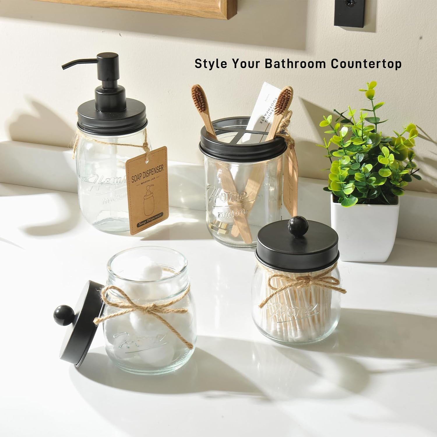 Ahot 6Pcs Bathroom Accessories Set Complete - Toothbrush Holder, Lotion Soap Dispenser, 2 Mason Jars, Soap Dish, Toilet Paper Basket, Rustic Farmhouse Decor (Brown, 6Pcs Bathroom Set)