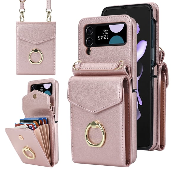 K-LION for Samsung Galaxy Z Flip 4 Case with Card Holder RFID Blocking Strap Lanyard, Z Flip 4 Wallet Case with Ring Holder Crossbody Phone Case Cover Purse for Women, Rosegold