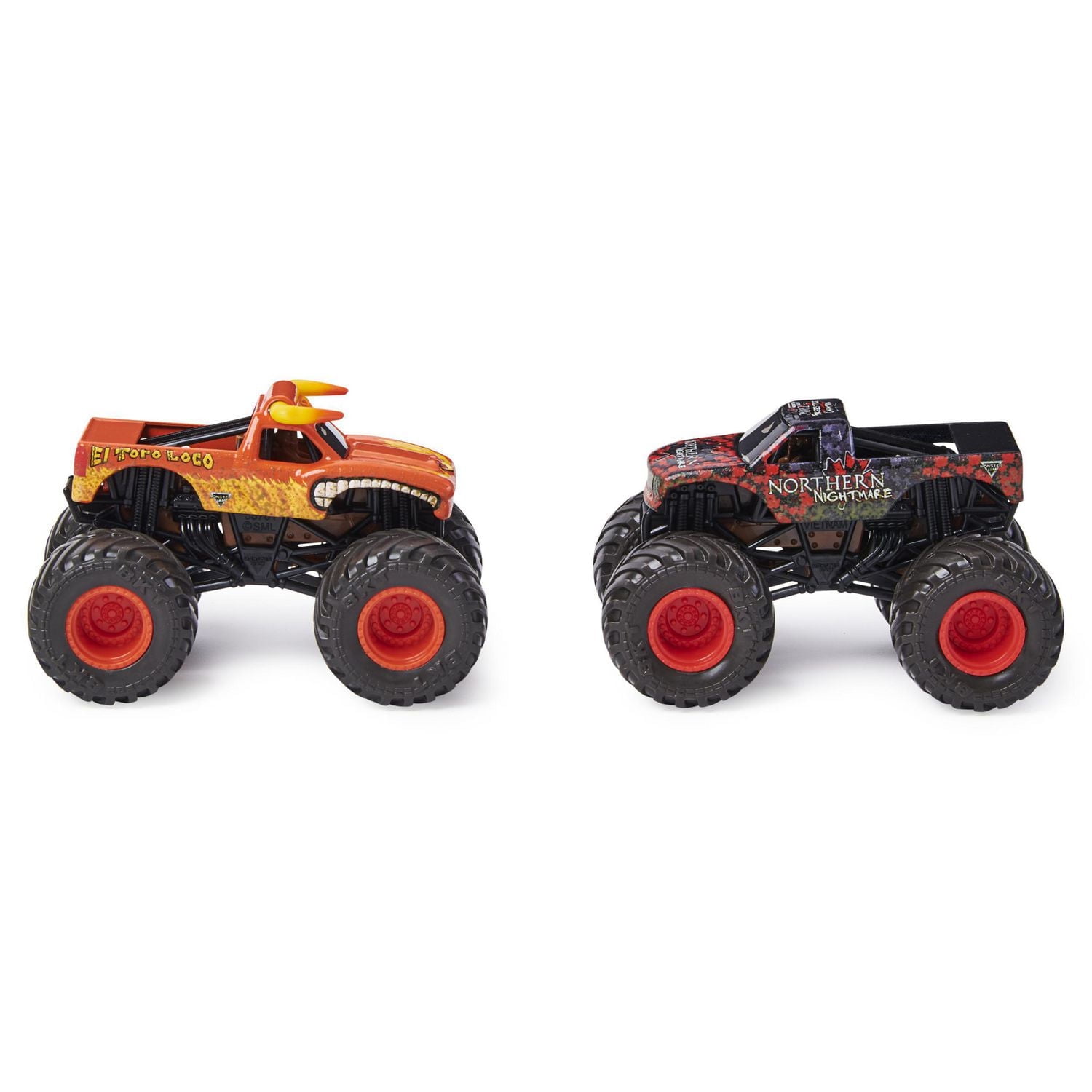 Monster Jam, Coffret de 2 monster trucks officiels en métal moulé El Toro Loco vs Northern Nightmare qui changent de couleur, échelle 1:64