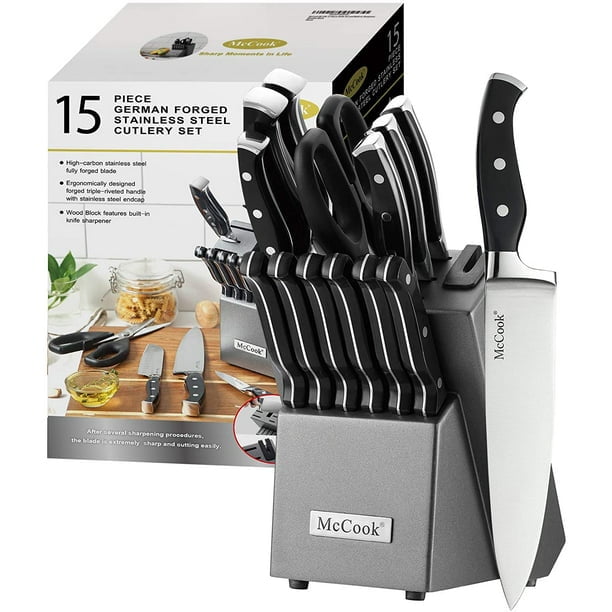 McCook MC25A Knife Sets,15 Pieces German Stainless Steel Kitchen Knife Block Set with Built-in Sharpener