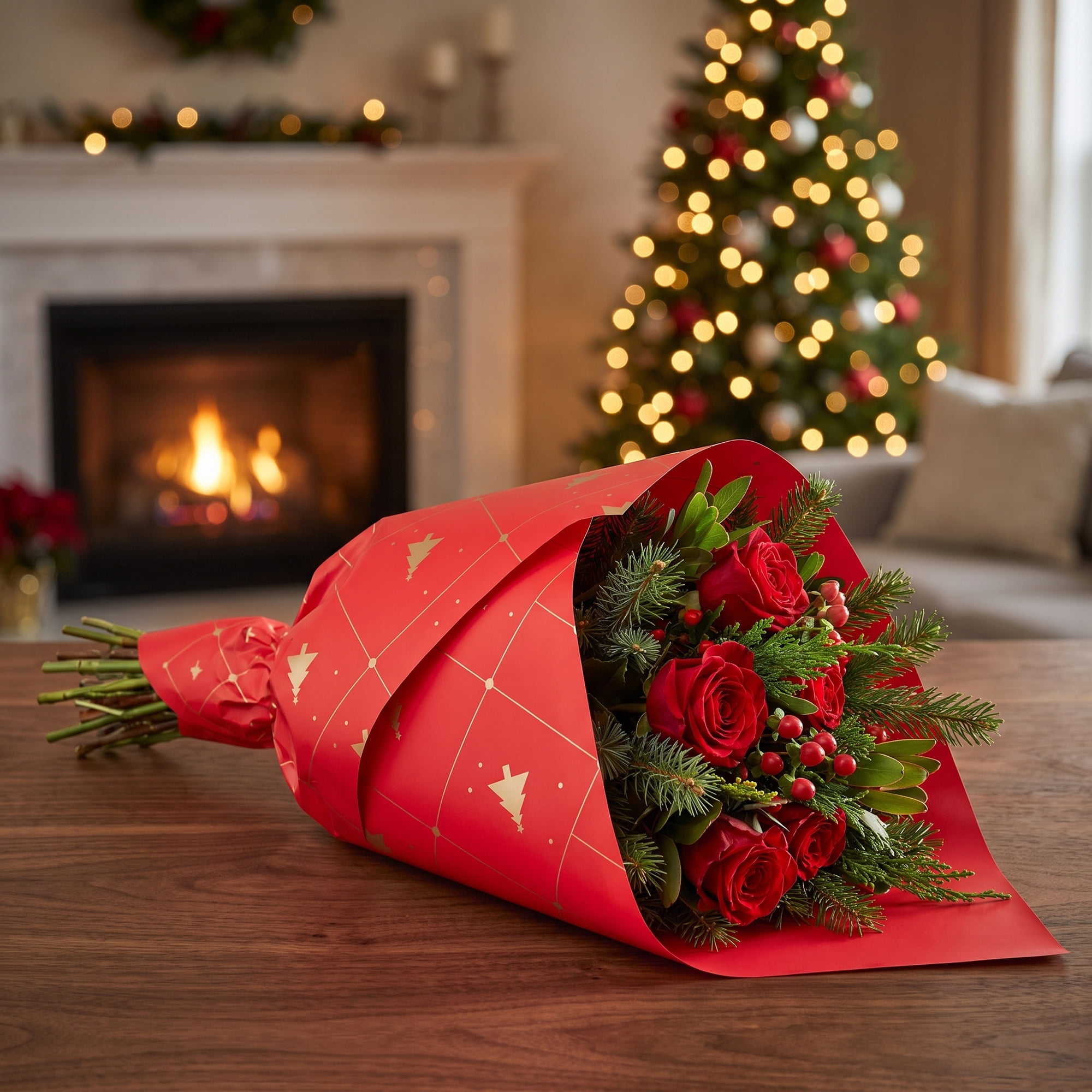 Unique Bargains Waterproof Matte Gift Wrap Paper for Bouquets Red Big Tree 22"x 22"