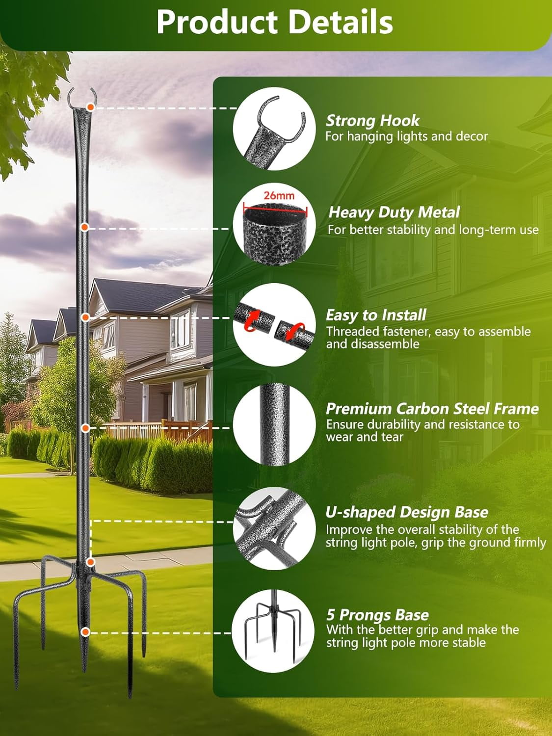 4 Pack 10ft Outdoor String Light Poles for Outside and Deck - Ideal for Patio, Garden, Yard, Front Porch Decorations, Frosted Silver