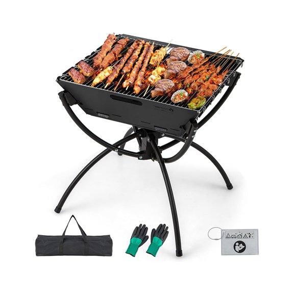 Foldable Fire Pit with Grill, 3-in-1 Wood Burning Fire Pit for Outside, Collapsible Camping Fire Pit for BBQ Bonfire Outdoor Cooking, Black