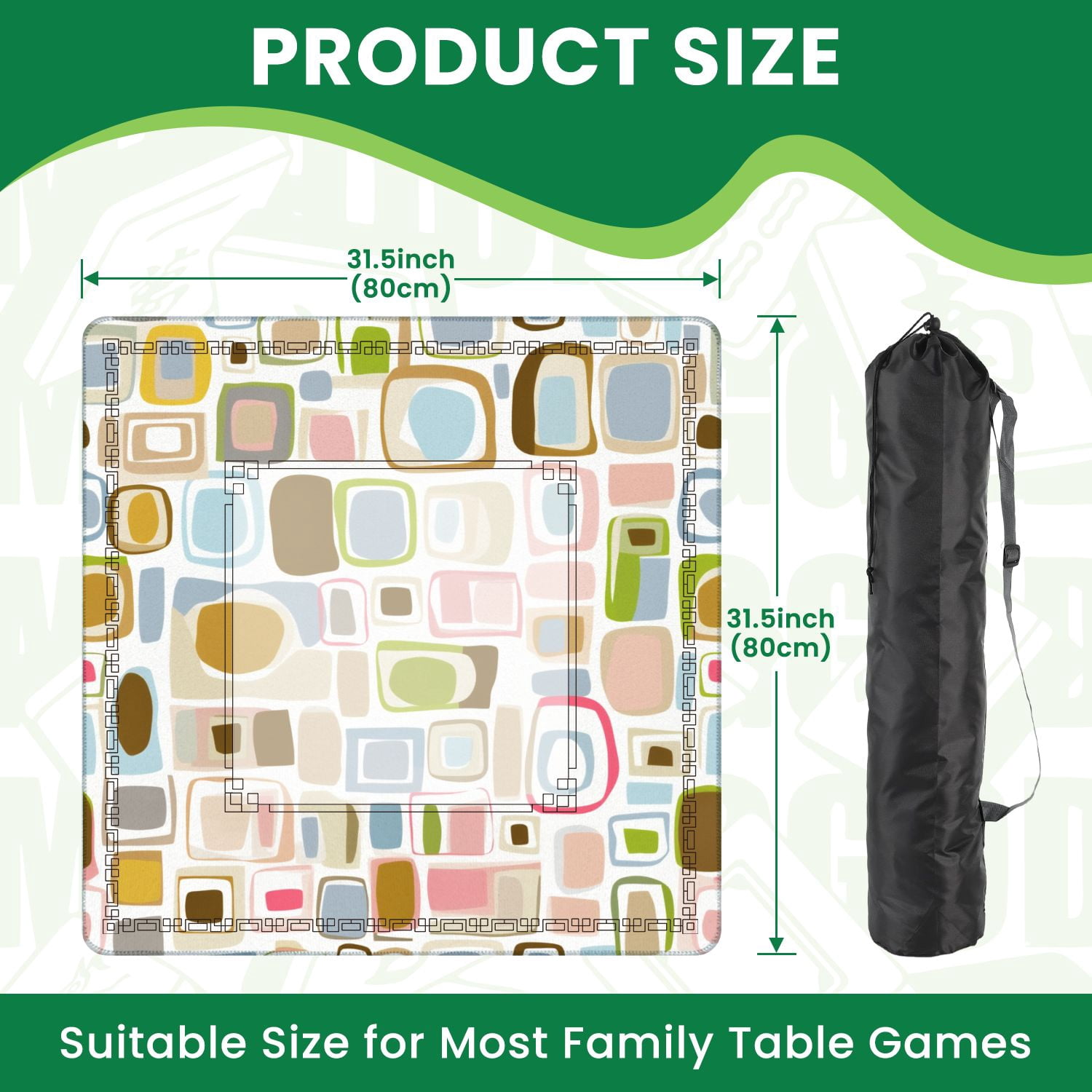 Mahjong Mat 31.5" x 31.5" Colorful Abstract Geometric Rectangular Shapes Non-Slip Noise Reduction American Mahjong Tiles Table Cover for Dominoes Poker Card Board Games Gift