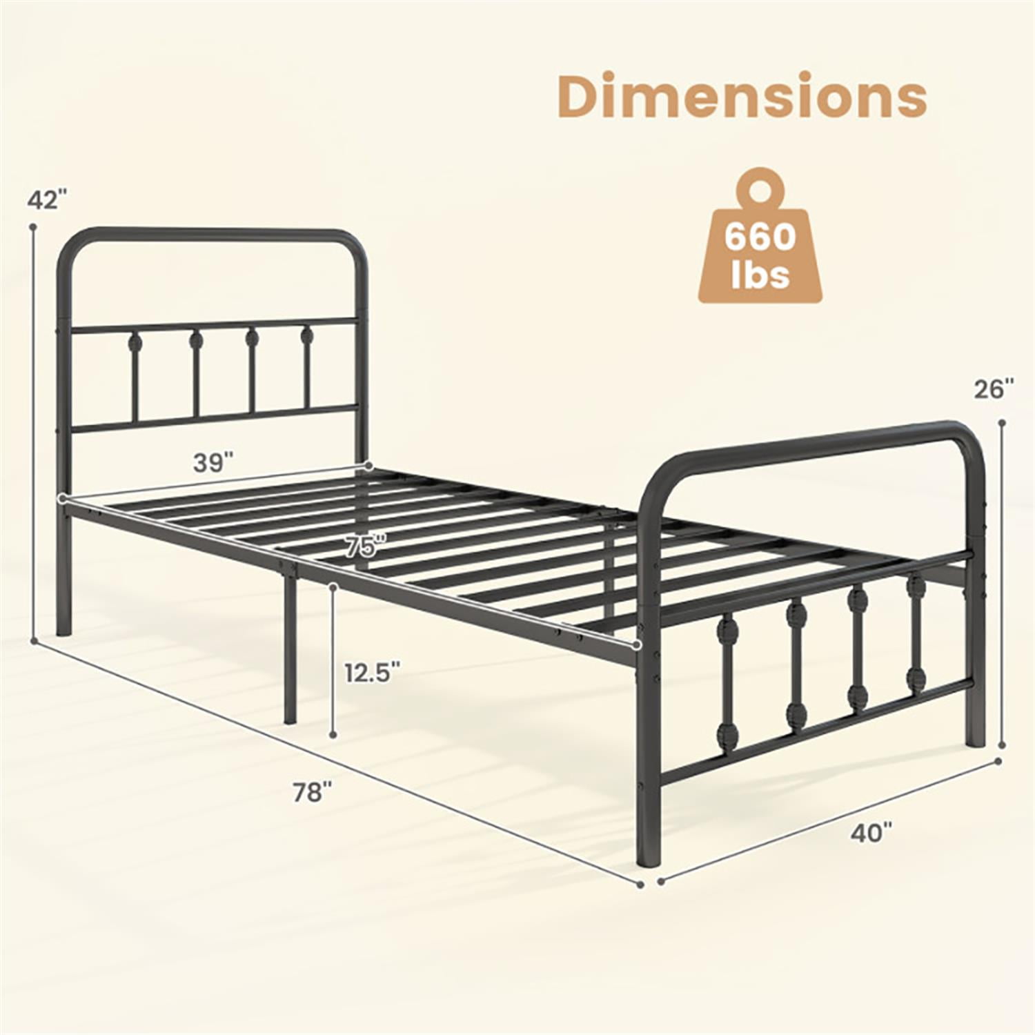 Demi Bonn Classic Metal Platform Bed Frame with Victorian Style Iron-Art Headboard/Footboard/Under Bed Storage/No Box Spring Needed/Twin Size, Black