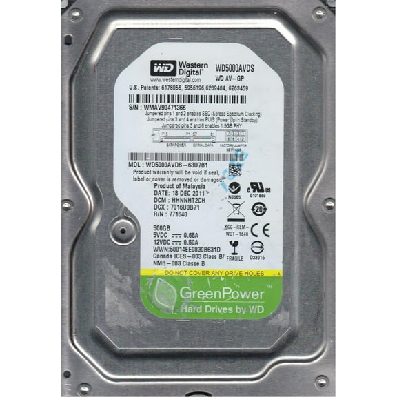 WD5000AVDS-63U7B1, DCM HHNNHT2CH, Western Digital 500GB SATA 3.5 Hard Drive
