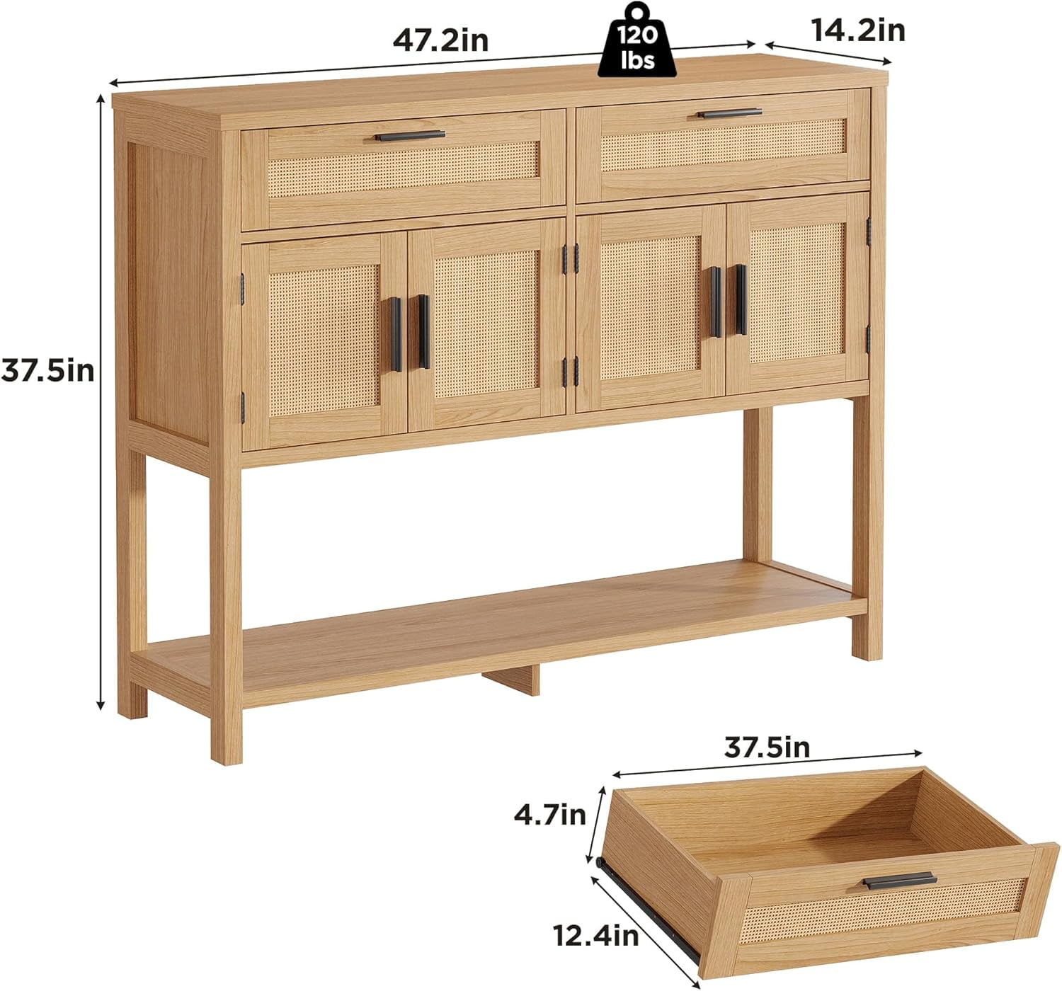 Vabches 47.2" W Rattan Console Table with 2 Drawer, Entryway Tables with 4 Doors and Open Storage Shelf, Sofa Table for Living Room Foyer Hallway Dining