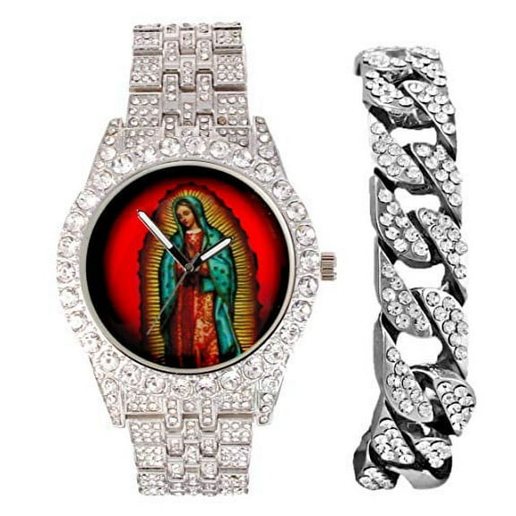 Charles Raymond The Virgin of Guadalupe Blessed Dial - Mens Hip Hop Metal Hip Hop Wristwatch - Blinged Out Big Rhinestones on Trim w/Iced Cuban Bracelet - (ST10361AC Silver)