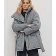 thumbnail image 7 of Women's Stand Collar Puffer Pattern Cotton Jacket Belt Button Up Long Sleeve Warm Coat Winter Outerwear, 7 of 7