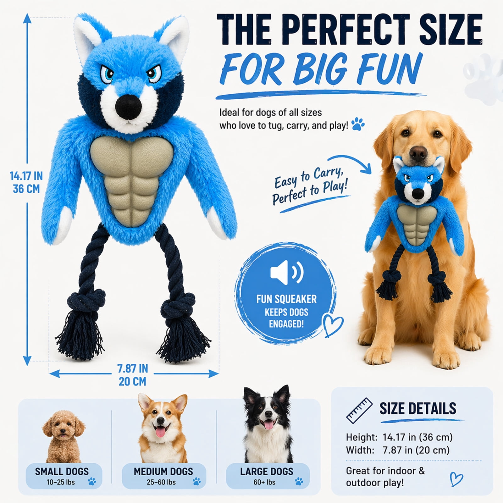 Calibonbon Wolf Rope & Plush Dog Toy with Squeaker, Interactive Tug Toy for Medium to Large Dogs, Multi-Texture Toy for Tug, Toss & Supervised Play