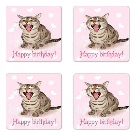 

Birthday Coaster Set of 4 Funny Cat Sings a Greeting Song on Pink Color Backdrop with Hearts Flowers Square Hardboard Gloss Coasters Standard Size Baby Pink Brown by Ambesonne