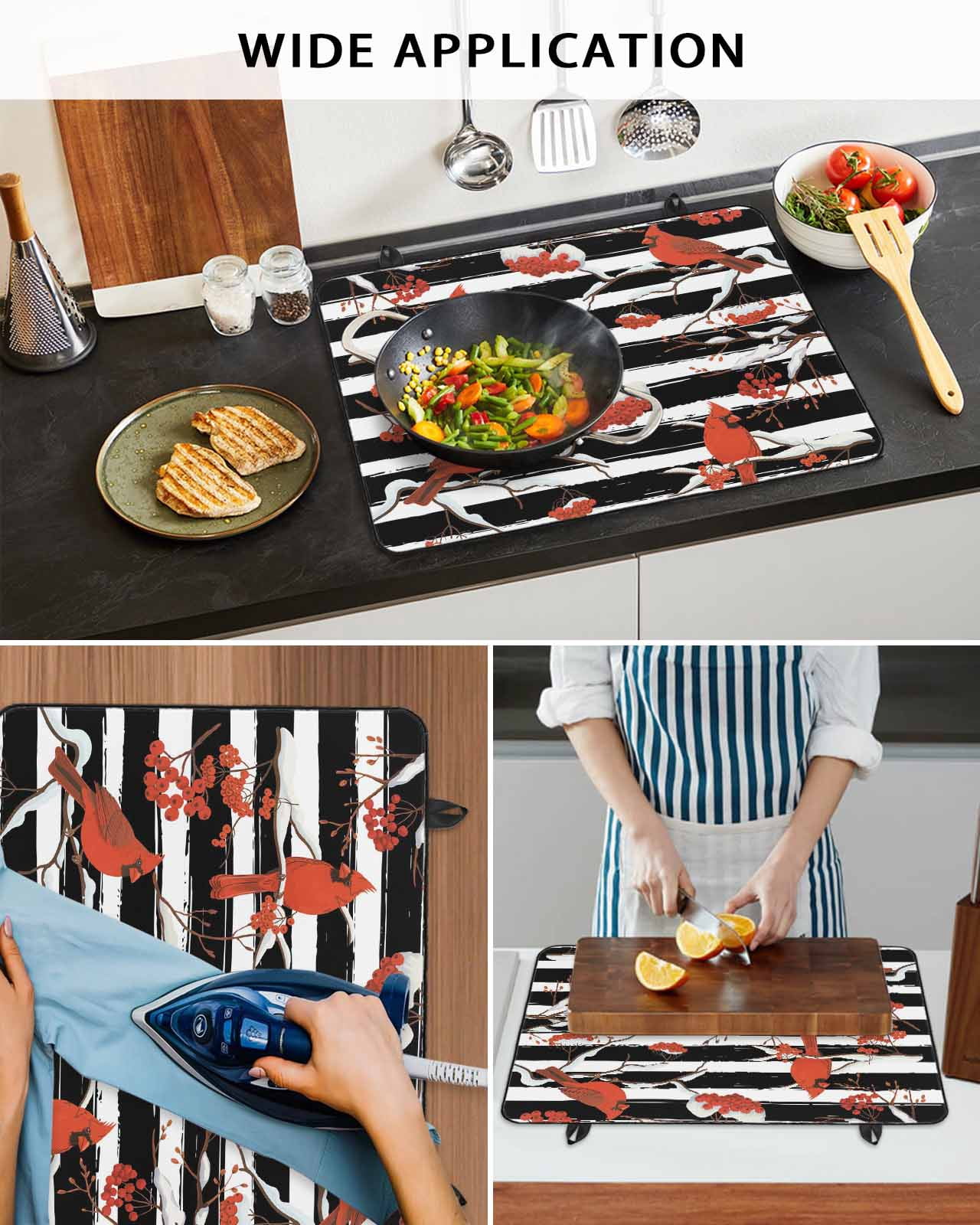 Large Induction Cooktop Protector Mat Christmas Stove Top Covers for Electric Stove, Red Cardinal Birds on Branch Berries White Black Stripes Decorative Stove Burner Cover Mats, Glass Top Stove Cover
