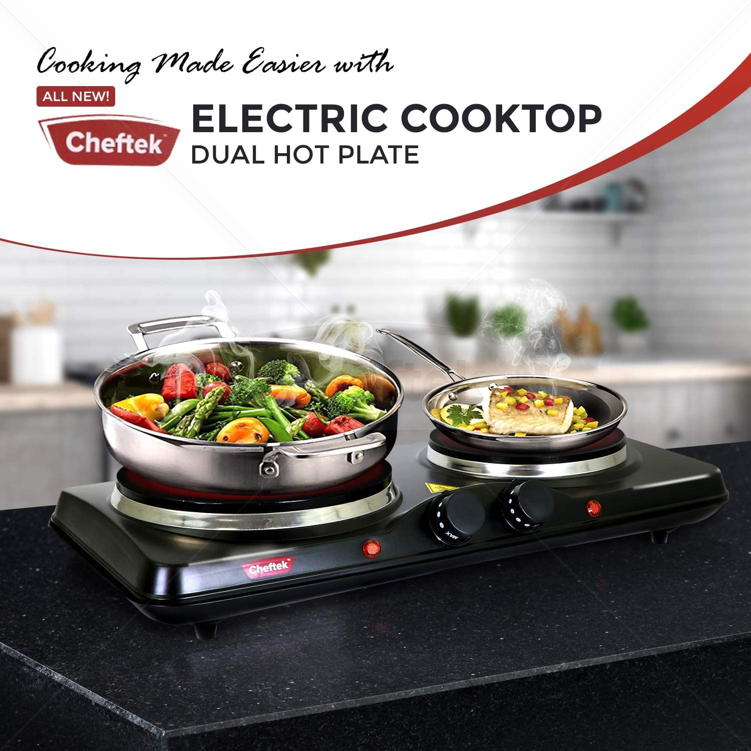 Cheftek CT1010 Dual Electric Stove with 6’’ and 7.5’’ Cook Plates; 1700W; Enamel Coated Iron; Black