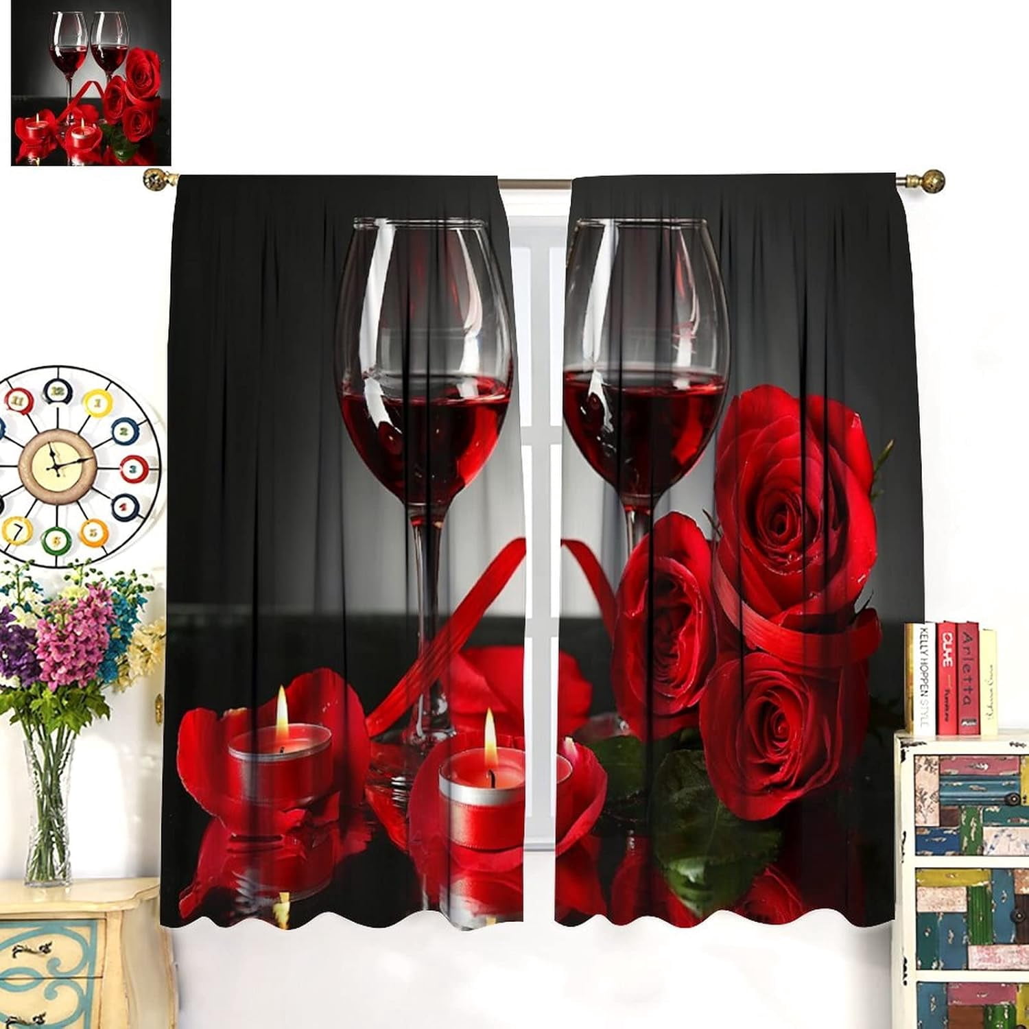 Red Rose and Wine Kitchen Curtains Women Floral Drapes Girls Valentine Decor Cafe Blackout Rod Pocket Red Curtains for Kitchen Bedroom Living Room Romance Love Print Window Drapes 84x84in