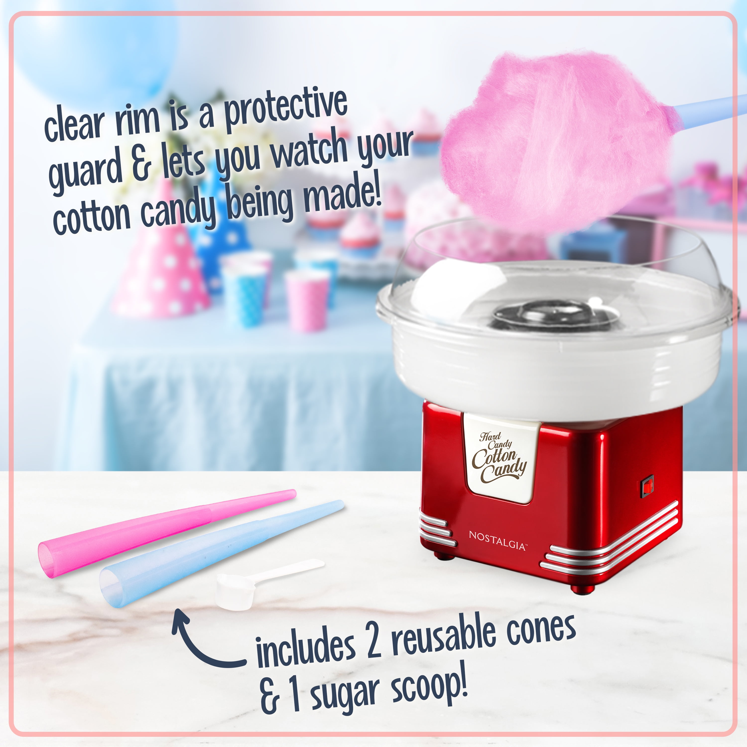 Nostalgia Cotton Candy Machine with 2 Reusable Cones, 1