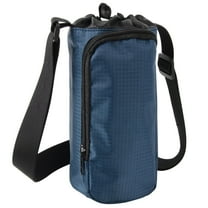 Reusable 16 Oz. Drawstring Closure Water Bottle Carrier Bag with Adjustable Shoulder Strap & Phone Pocket for Glass, Plastic, Stainless Steel Bottles, Walking, Running, Biking & Jogging in Navy Blue