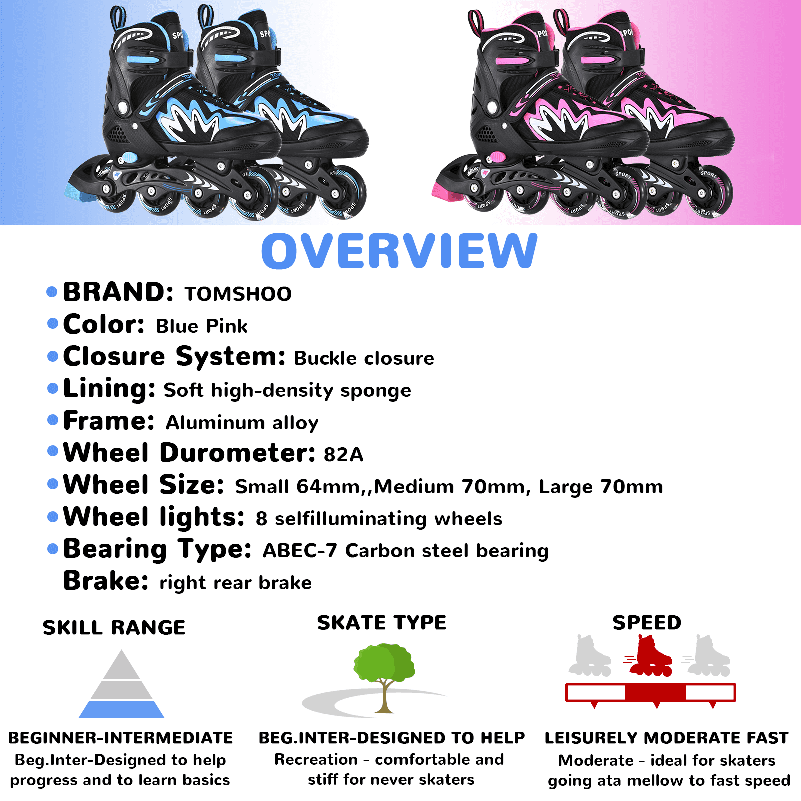 Roller Blades for Boys Girls 4 Sizes Adjustable Inline Skates with Light-Up Wheels for Outdoor Blades Roller Skates M