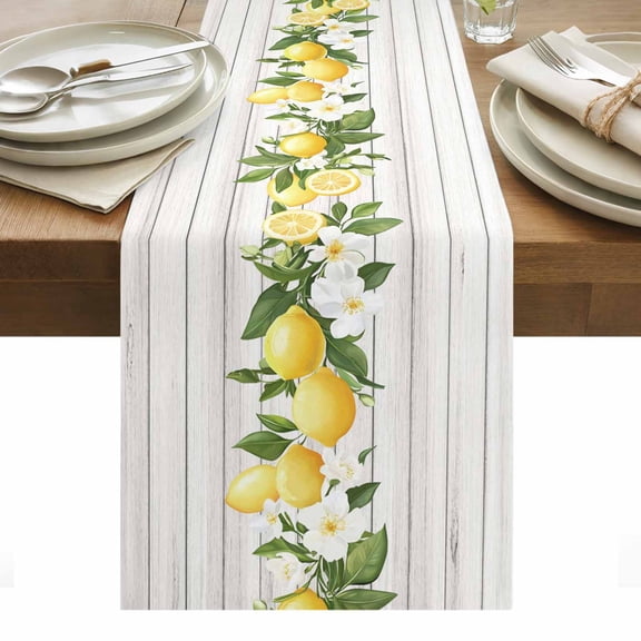 Spring Summer Lemon Table Runner Leaf Flower White Wood Grain Table Runners Dresser Scarves Holiday Kitchen Dining Table Decoration for Home Party Indoor 13x120 Inch
