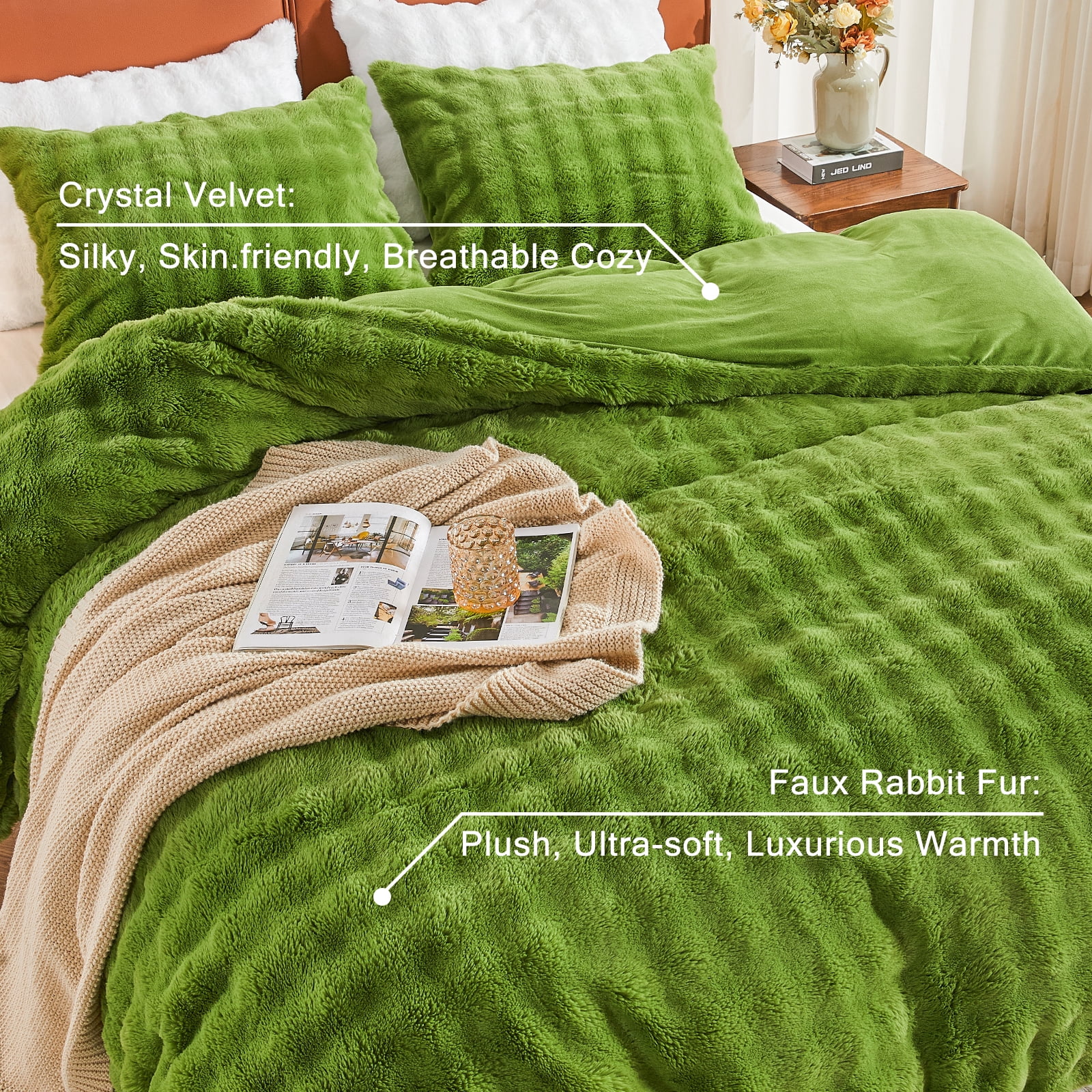 EMME Faux Fur Duvet Cover Queen Size, 3 Pieces Ultra Soft Fluffy Comforter Cover, Cozy Warm for Winter, Luxury Elegant Shaggy Bubble Bedding Sets , 1 Duvet Cover & 2 Pillow Shams (Queen, Green)
