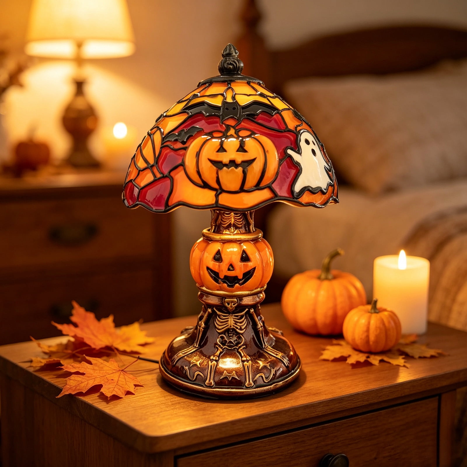 Halloween pumpkin lamp displayed on bedside table