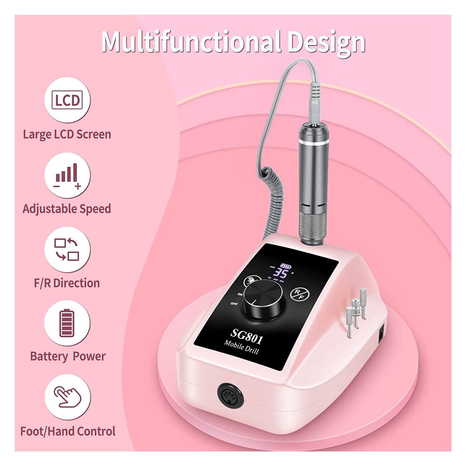Professional Nail Drill, 35000RPM Electric Nail File Machine With Bits & Foot Pedal, Rechargeable Cordless E File For Manicure ,Low Noise