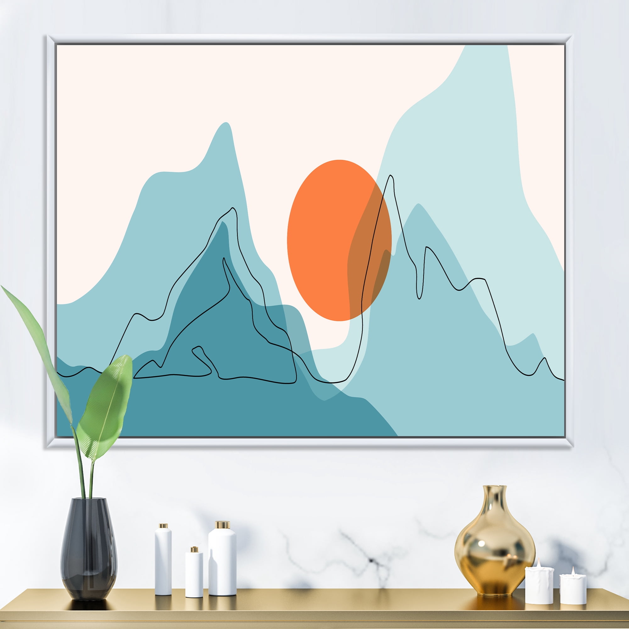 Designart 'Abstract Blue Mountains With Red Moon I' Modern Framed Canvas Wall Art Print