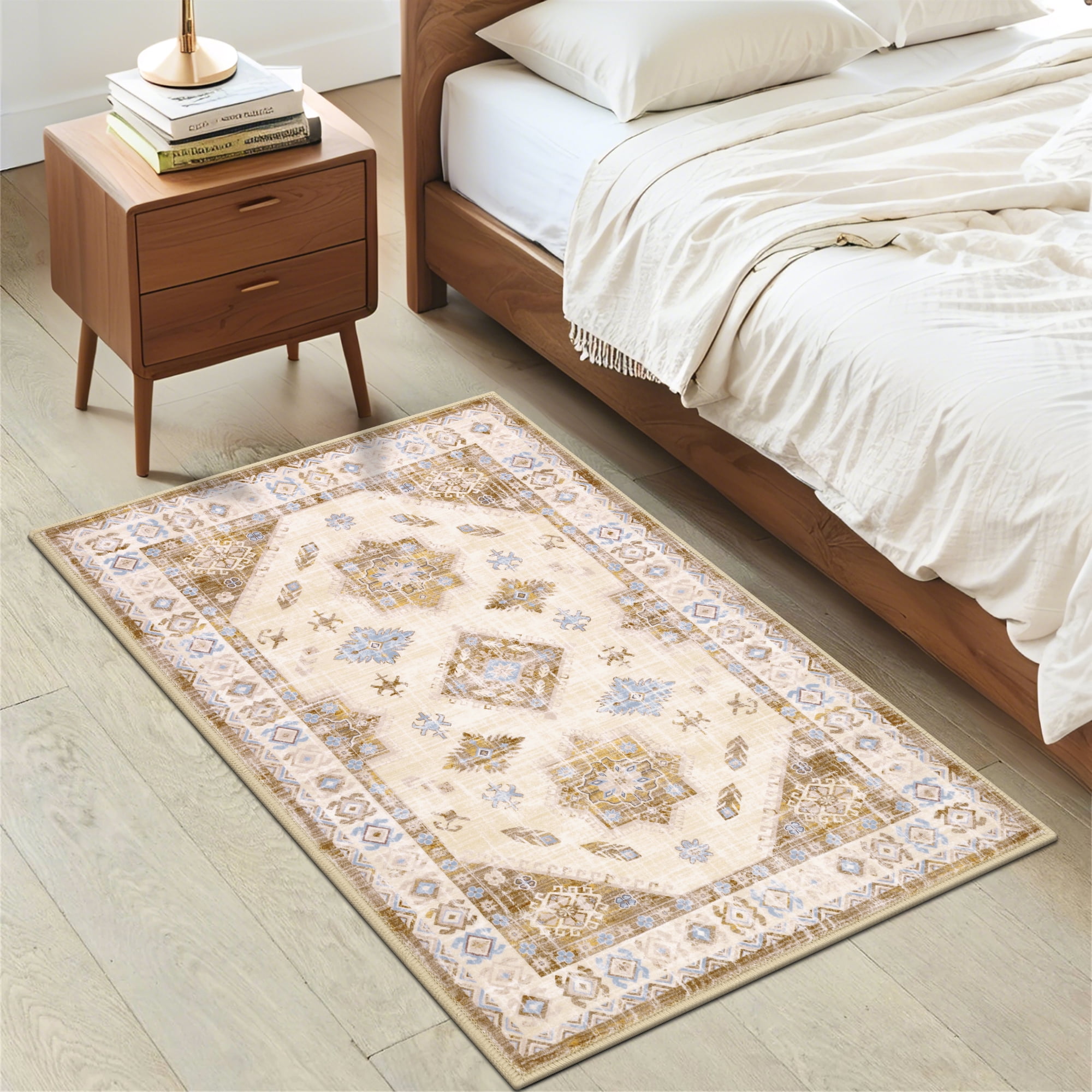 MeyJey Oriental Indoor Area Rug 2'x3' Non-Slip Machine Washable Vintage Distressed Floor Carpet for Living Room Bedroom Dining Kitchen Hallway, Beige/Brown