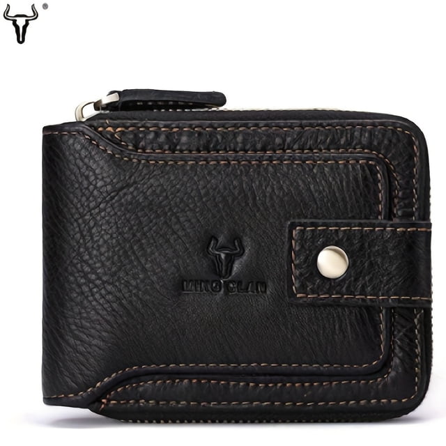 Genuine Leather Zipper Wallet For Men - RFID Blocking Large Capacity Credit Card Holder Holder Wallet, Business Style, Solid Color