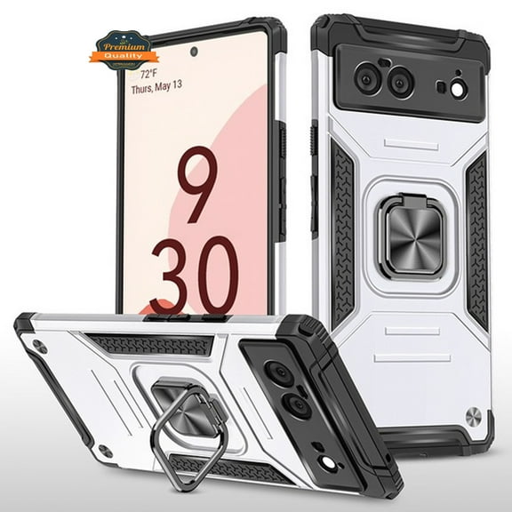 For Google Pixel 6 Hybrid Dual Layer TPU and Hard PC Anti-Slip Full-Body Rugged with Ring Stand Magnetic Kickstand Phone Case Cover by Xpression [Silver]
