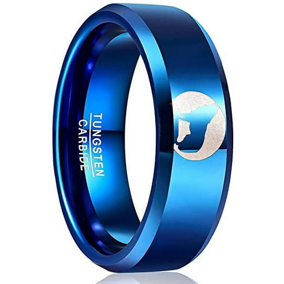 Men /Women Laser Wolf Pattern Tungsten Ring 8mm Blue Plated Wedding Band Beveled Edge Size 7-12