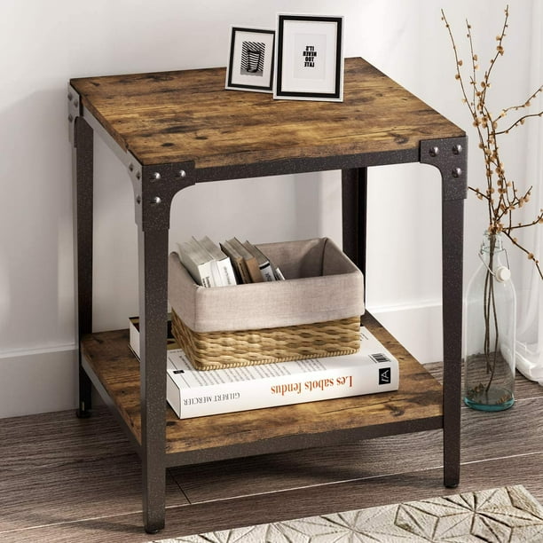 Allewie Brown Rustic End Table With Storage Shelf For Living Room And Bedroom 2 Tier Side Rivet Design Com Allewie Brown Rustic End Table With, Rustic Side Table With Storage