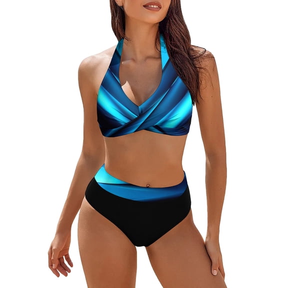 Pimfylm Womens Swimsuits Two Piece High Waisted Tummy Control Bathing Suits Color Block Criss Cross Wrap Front Bikini Sets(Blue,S)