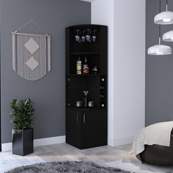 Black Corner Bar Cabinet, Eight Built-in Wine And Glass Shelf, Double Rack Style, Black, Storage
