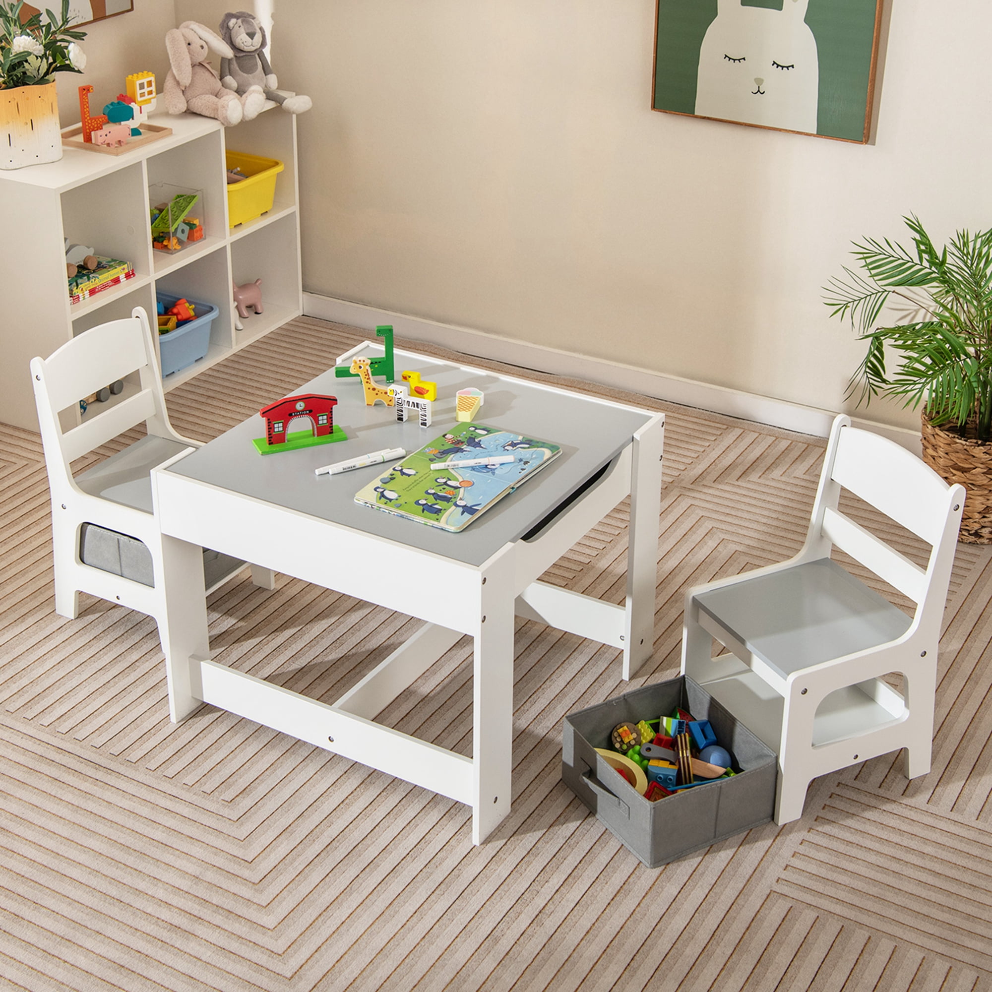 Costway Kids Table Chairs Set With Storage Boxes Blackboard Whiteboard Drawing Grey
