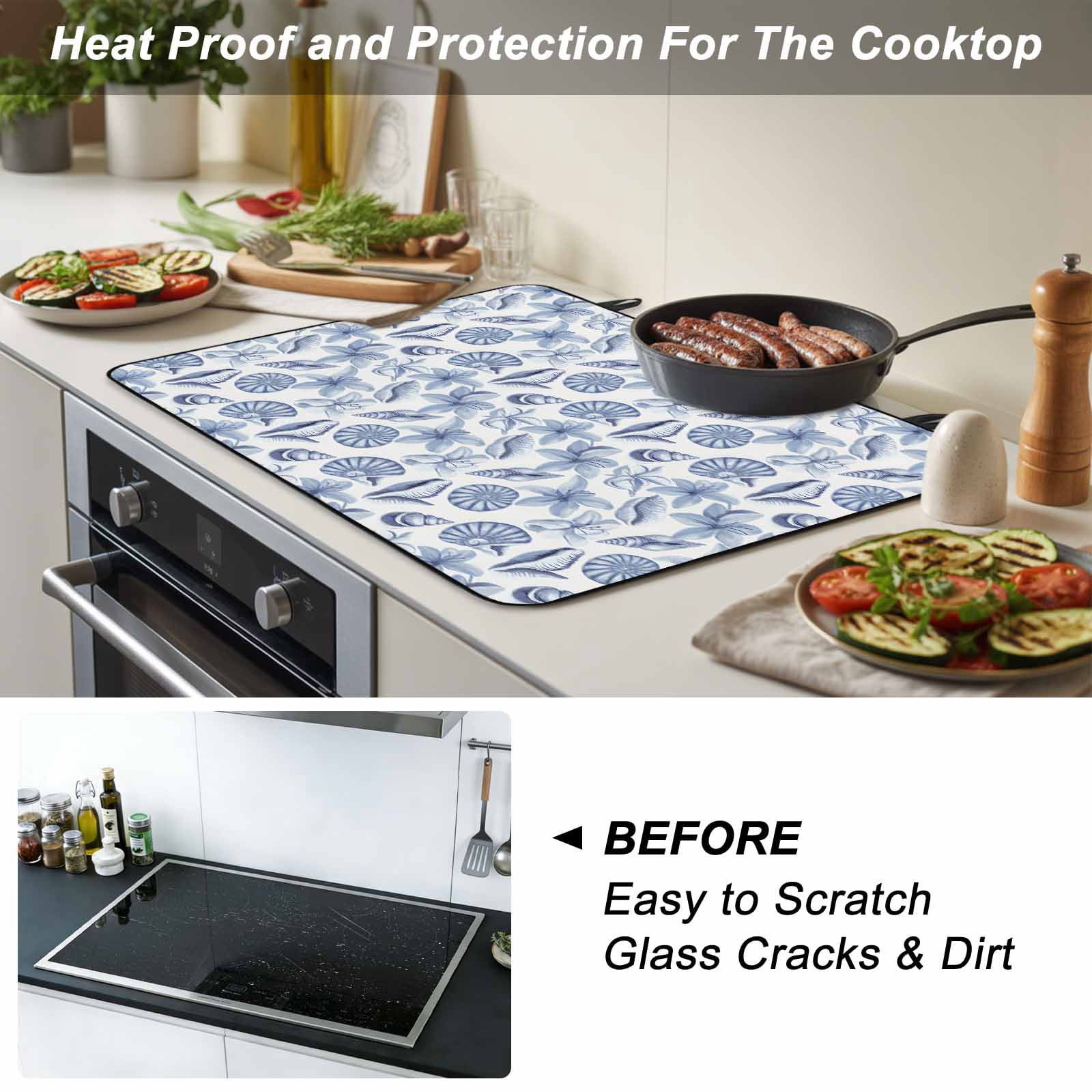 Blue Coastal Stove Top Cover for Electric Stove, Heat-proof & Non Slip Glass Top Stove Cover Protector, Shell Floral Ocean Retro Kitchen Flat Cooktop Rubber Mat 24x21 Inches