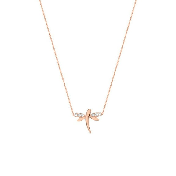 Sterling Silver Rose Plated Side-ways Adjustable Mini Cubic Zirconia Dragonfly Necklace- 18 Inch