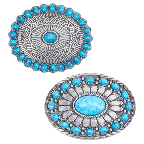 2Pcs 2 Styles Zinc Alloy Belt Buckles with Resin Imitation Synthetic Turquoise Oval Antique Silver 66~67.5x81~90x16.5~24mm Hole: 40x17mm 1pc/style