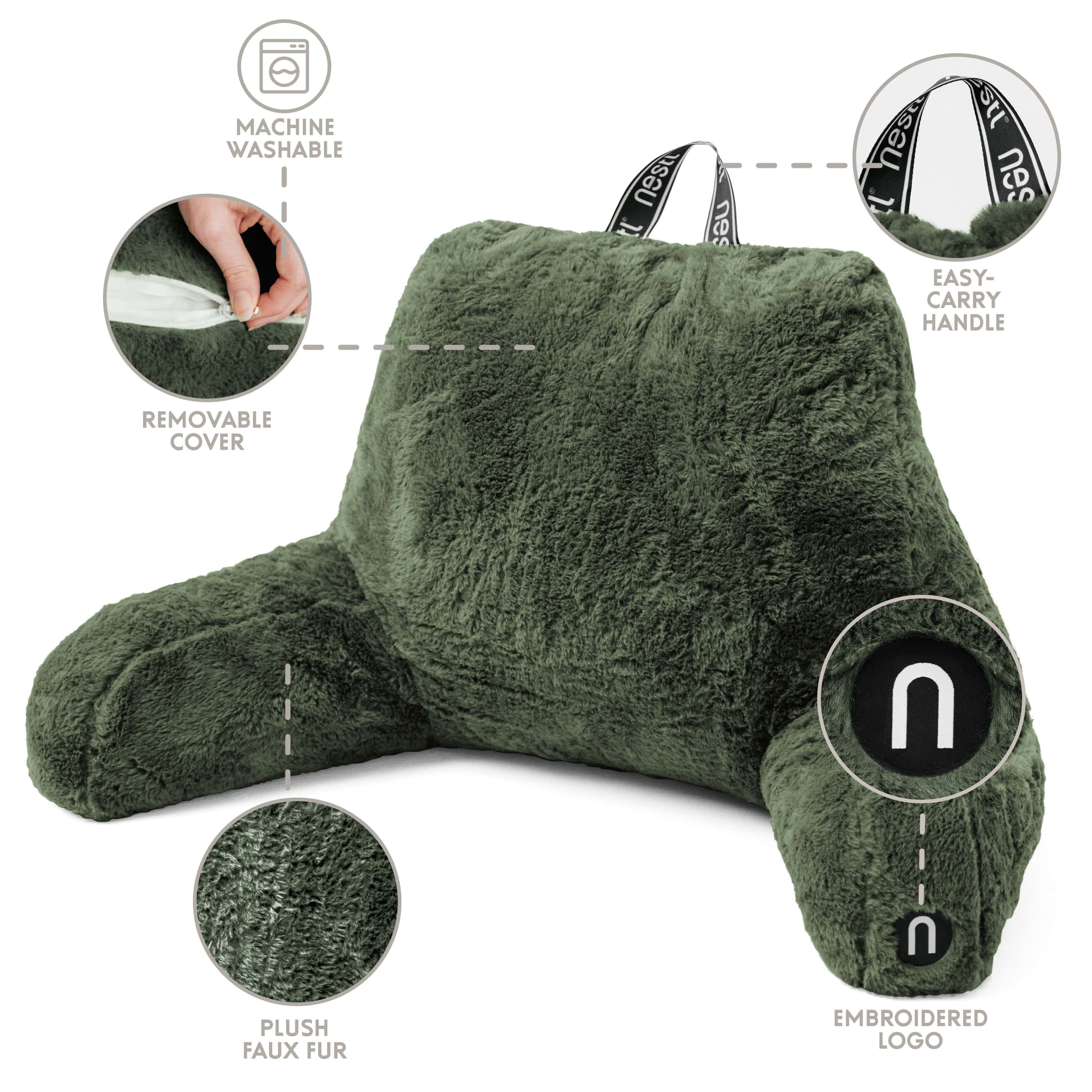 Nestl Fur Reading Pillow with Lap Desk, Stylish Arm Rest Pillow, Lap Desk with Backrest Pillow for Sitting in Bed, Faux Fur, Olive Green