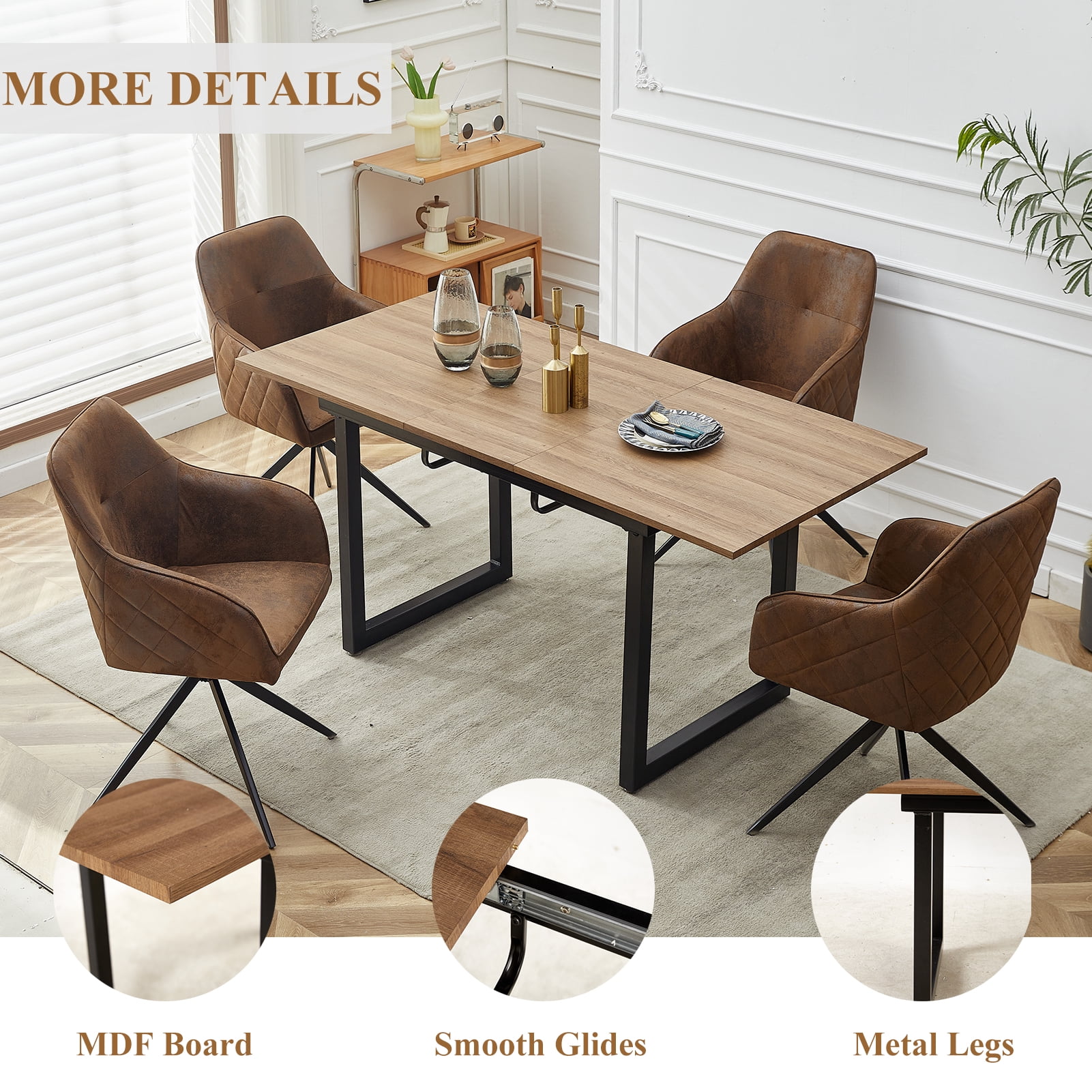 Lecut Extendable Dining Table for 4-8 Person, Extendable from 55" to 71", Modern Rectangle Dining Table with MDF Tabletop and Metal Frame, Expanding Kitchen Table for Home, Office,Brown