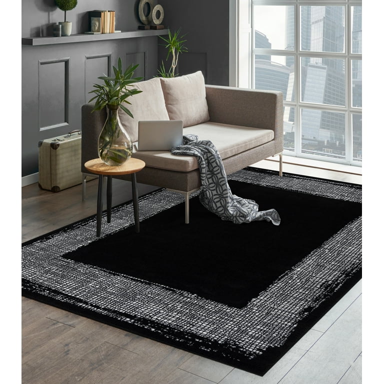 Beverly Rug Indoor Bordered Area Rugs, Non Slip Rubber Backing Modern  Living Room Runner Rug, Gray, 2x7 