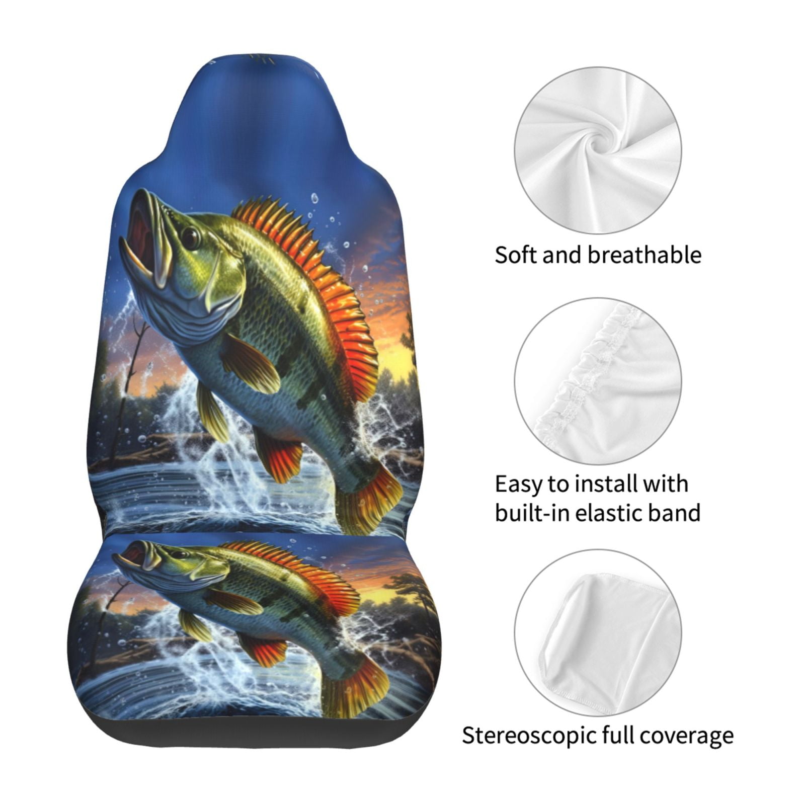 KAKALAD Bass Fish Jumping 04 Car Seat Covers Set Vehicle Front Seats Protector 2 Pcs