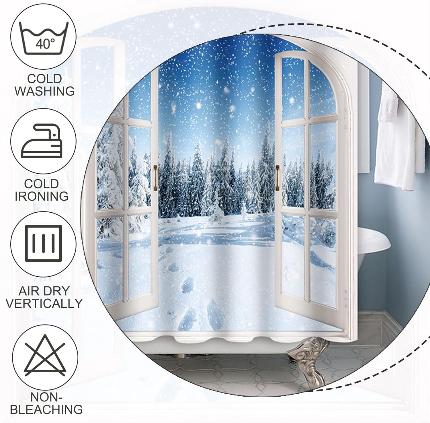 Winter Window View Shower Curtain Sets Natural Scenery Snowflake Forest Pine Trees Decorative Christmas Tree Shower Curtains with Hooks for Waterproof Polyester Bath Bathroom 84x72 Inches