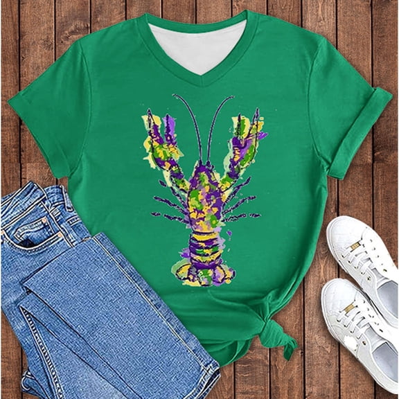 WNEGSTG Mardi Gras T Shirts for Women, Short Sleeve V Neck Plus Size Graphic Tees, Women's Carnival Crawfish Print Shirt Pullover, Green L
