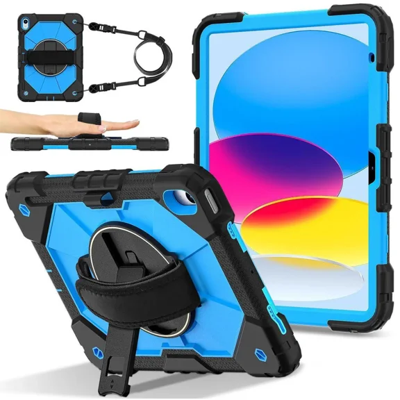 Case for iPad 10.2 inch 2021 2020 2019 9th 8th 7th Generation with Rotating Stand Pencil Holder Hand/Shoulder Strap, Heavy Duty Shockproof Protective Cover
